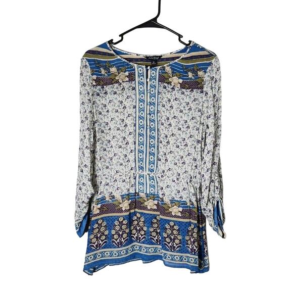 Lucky Brand Savannah Gypsy Boho Peasant Top Blouse Size Medium Blue Floral - Picture 1 of 8